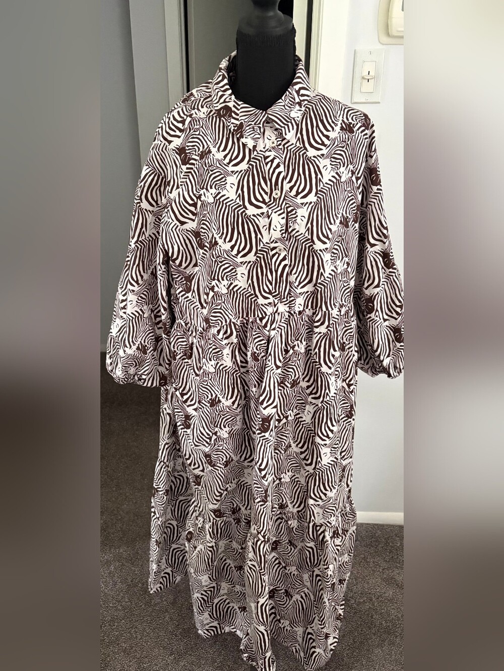Anthropologie Brown and Cream Zebra-Print Button-Front Tunic Dress